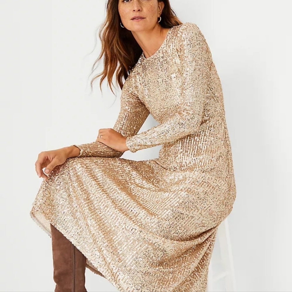 Ann Taylor sequin midi flare dress, petite 10